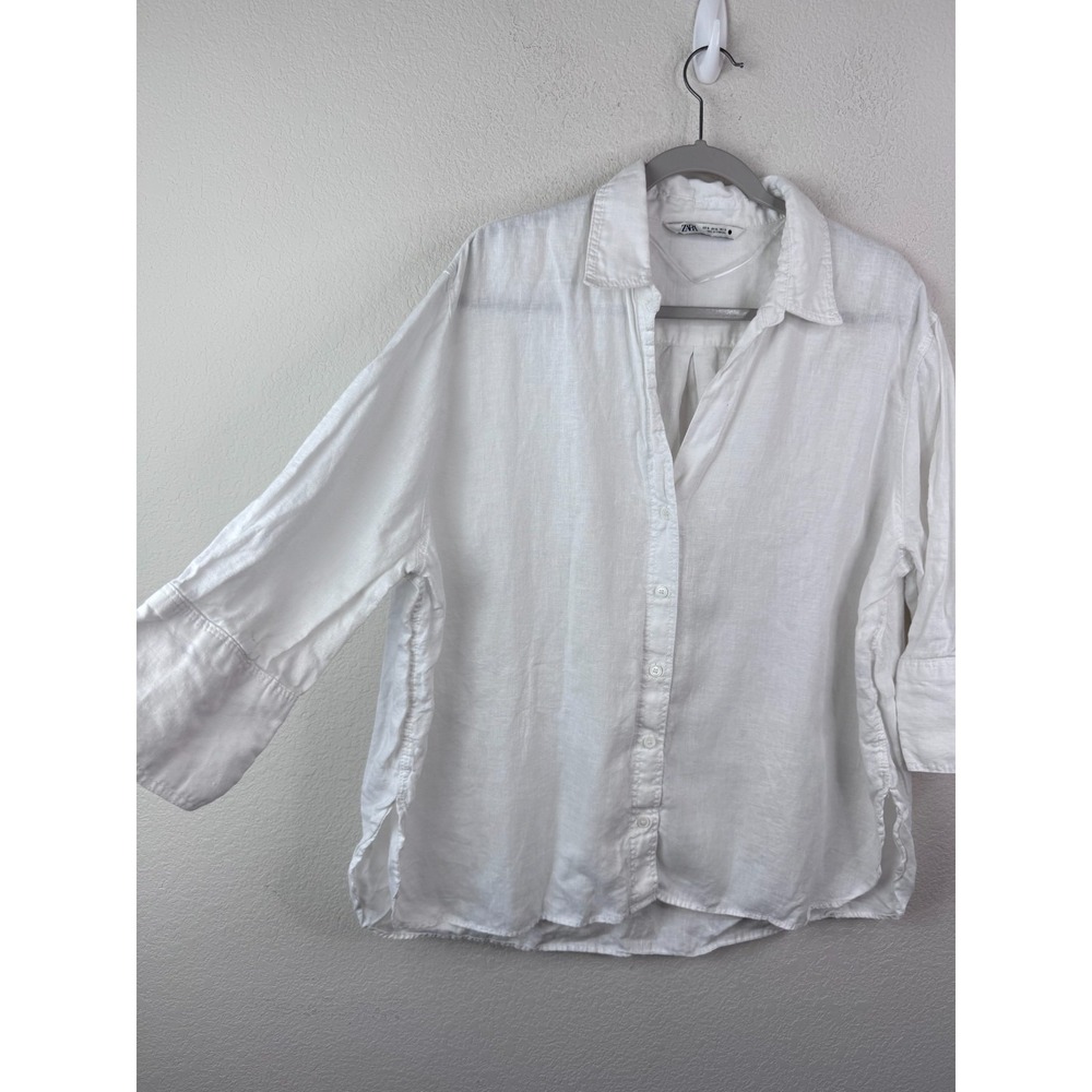 ZARA 100% Linen Button Up Shirt Womens XL Oversized Relaxed White Beach Coastal - Picture 3 of 7